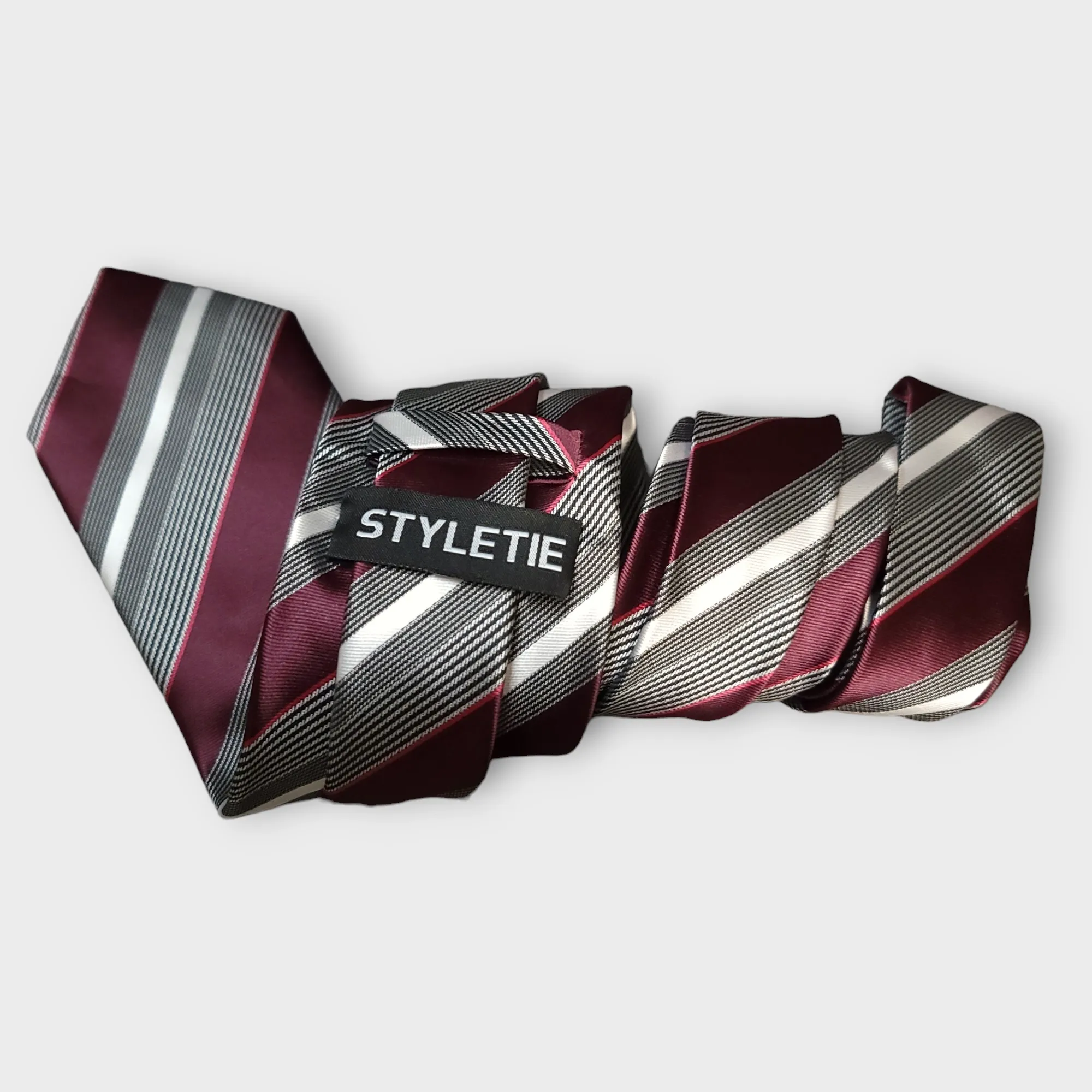 Striped Red Wine White Silk Tie Pocket Square Cufflinks Set