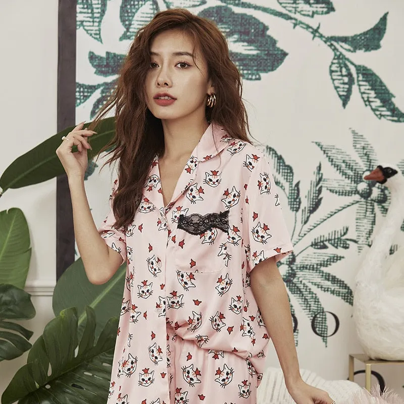 Summer Women's Pajamas Set Fashion V Neck Macaron Colors Cute Cat Pattern Sleepwear Nightwear Home Suit Pyjamas Femme