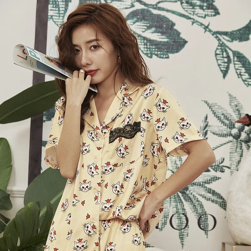 Summer Women's Pajamas Set Fashion V Neck Macaron Colors Cute Cat Pattern Sleepwear Nightwear Home Suit Pyjamas Femme