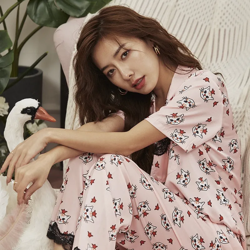 Summer Women's Pajamas Set Fashion V Neck Macaron Colors Cute Cat Pattern Sleepwear Nightwear Home Suit Pyjamas Femme