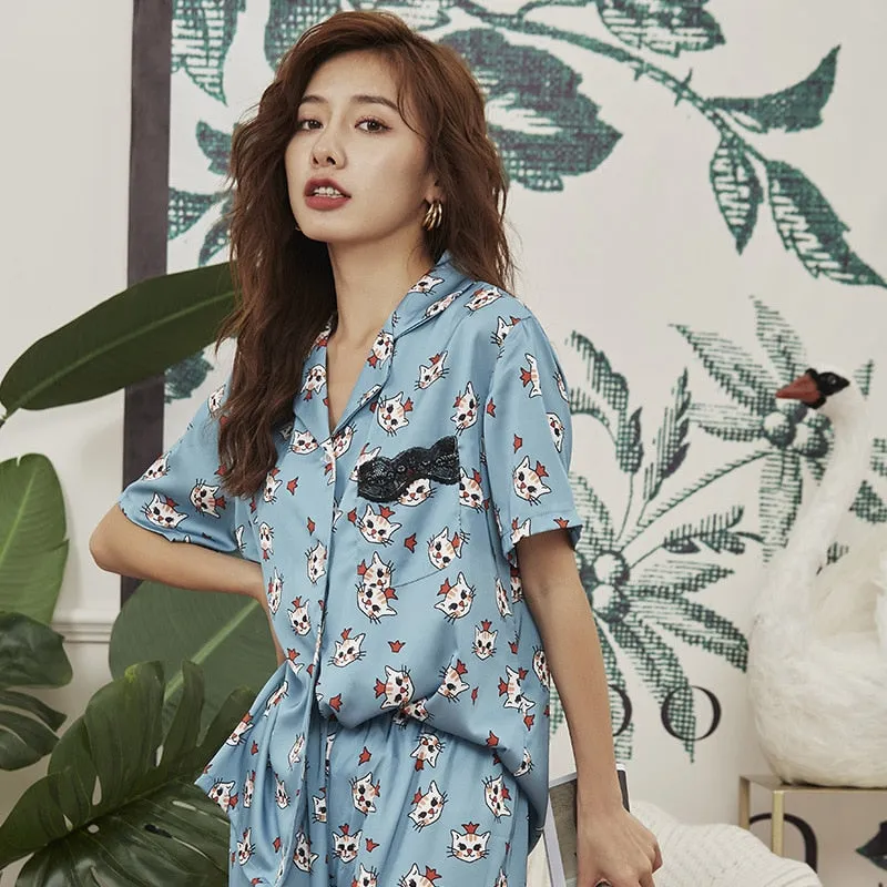 Summer Women's Pajamas Set Fashion V Neck Macaron Colors Cute Cat Pattern Sleepwear Nightwear Home Suit Pyjamas Femme