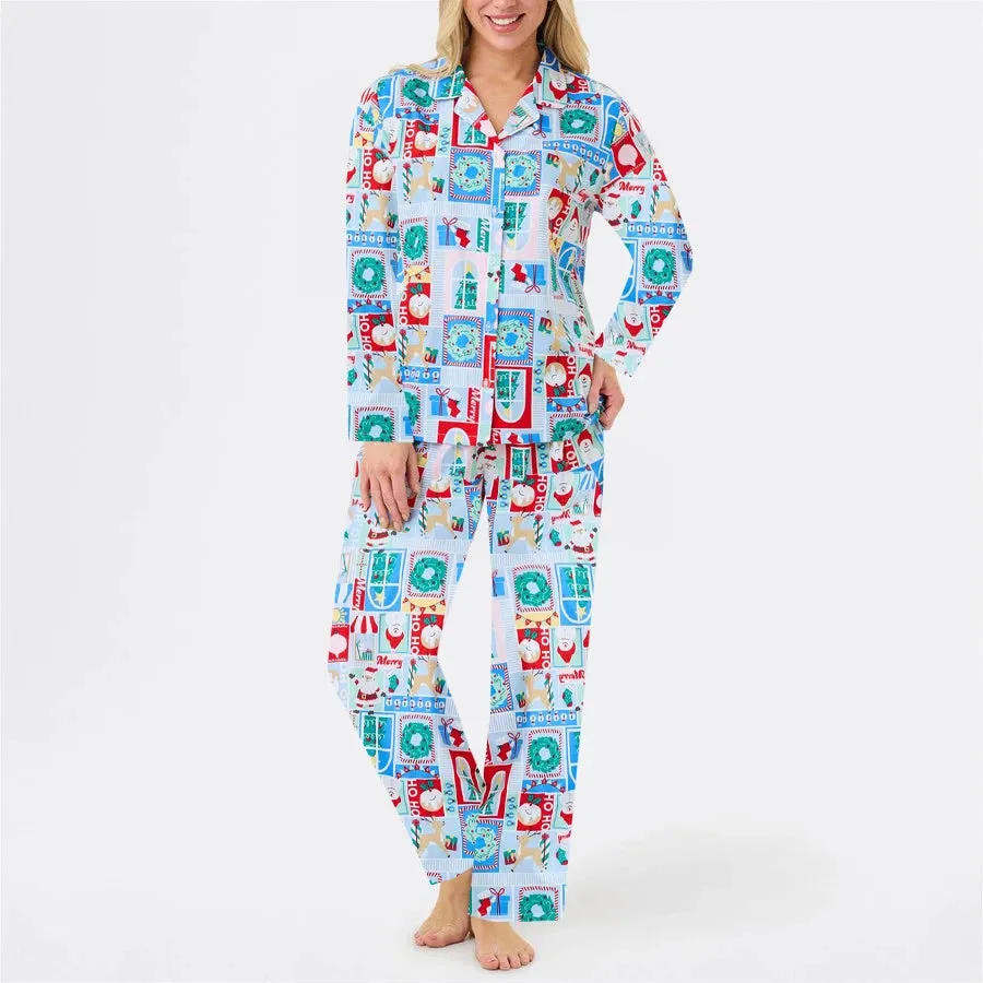 Toleet-Womens Christmas Pajama Set Graphic Printed Full Sleeve Button Down Blouse Tops Long Pants 2 Piece Lounge Outfit Sleepwear