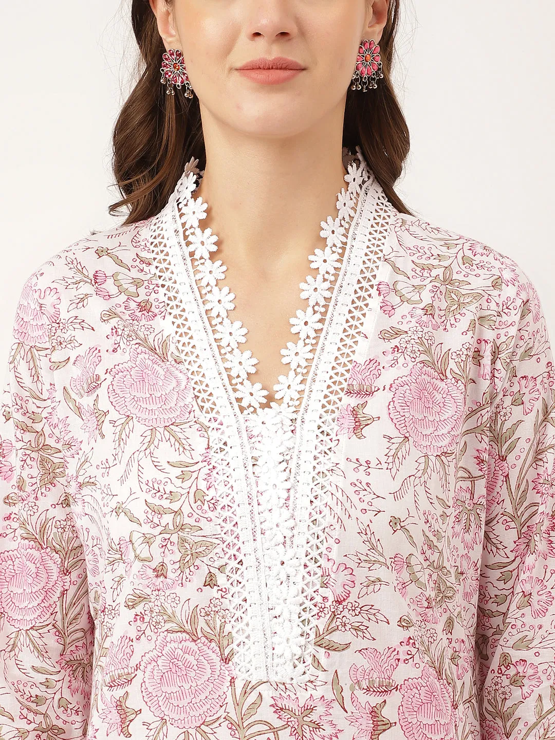 White Hand Block Floral Print Cotton  Kurta, Trouser With Dupatta