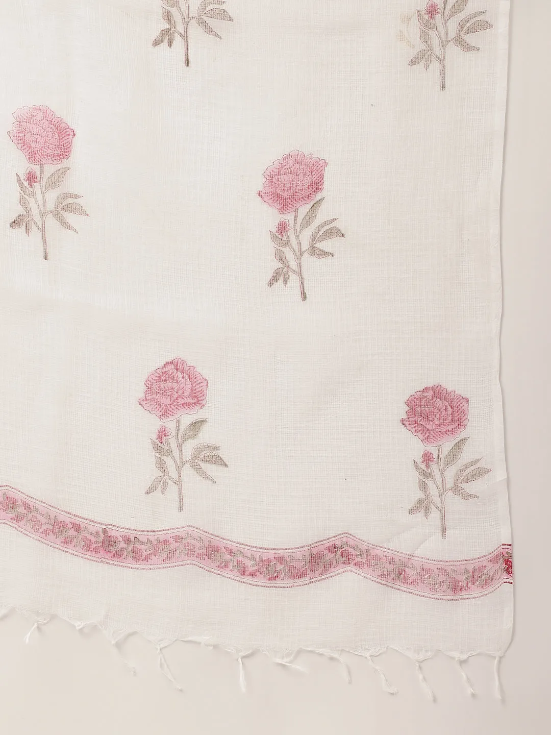 White Hand Block Floral Print Cotton  Kurta, Trouser With Dupatta