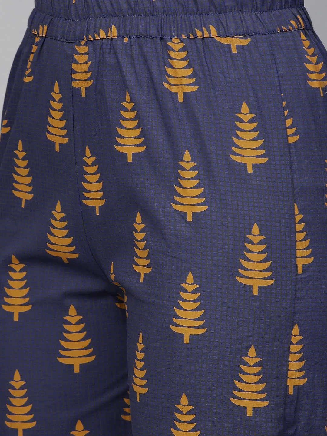 Women Navy Blue Sleeveless Printed Straight Pure Cotton Kurta With Trouser Set