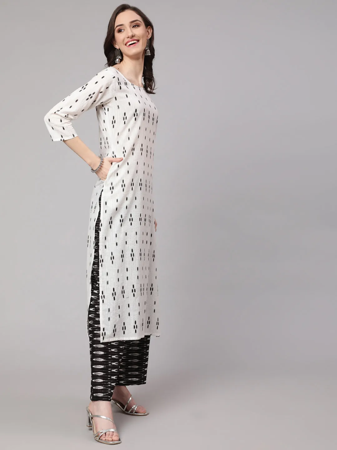 Women Off White Printed Straight Kurta With Palazzo & Dupatta