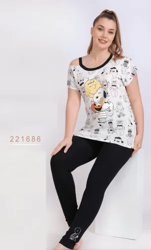 Women Pajama - "Snoopy" - Black x White [Half-Sleeve]