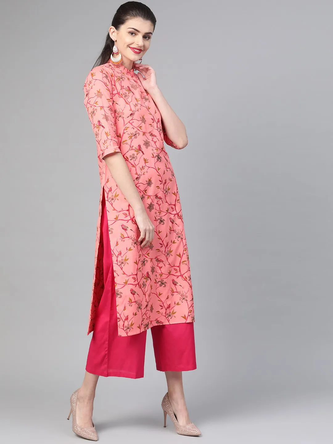 Women Pink & Mustard Cotton Straight Floral Printed Kurta