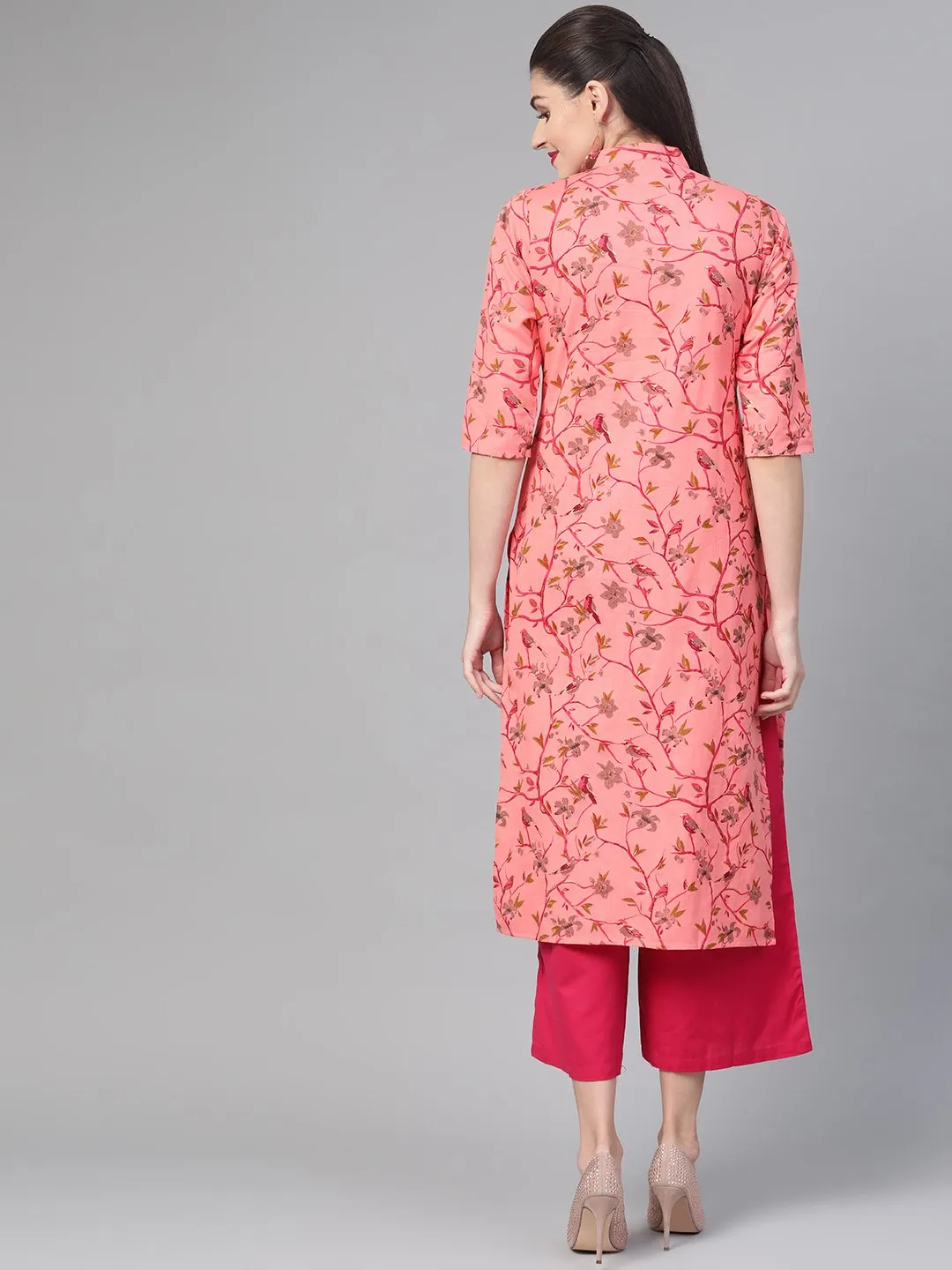 Women Pink & Mustard Cotton Straight Floral Printed Kurta