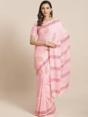 Women Pink And Orange Ethnic Geometric Print Saree With Atteched Blouse Piece