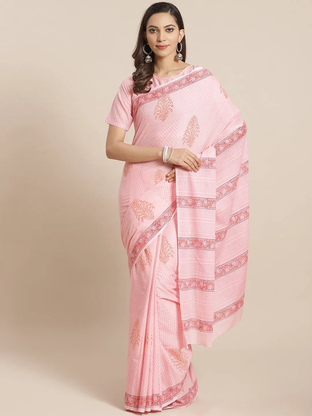 Women Pink And Orange Ethnic Geometric Print Saree With Atteched Blouse Piece