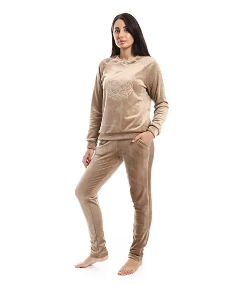 Women's Printed Velor Pajamas - Cafe
