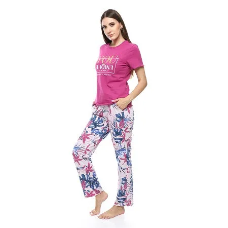 Women's Summer Pajamas Stylish Pink Shirt & Purple Pants