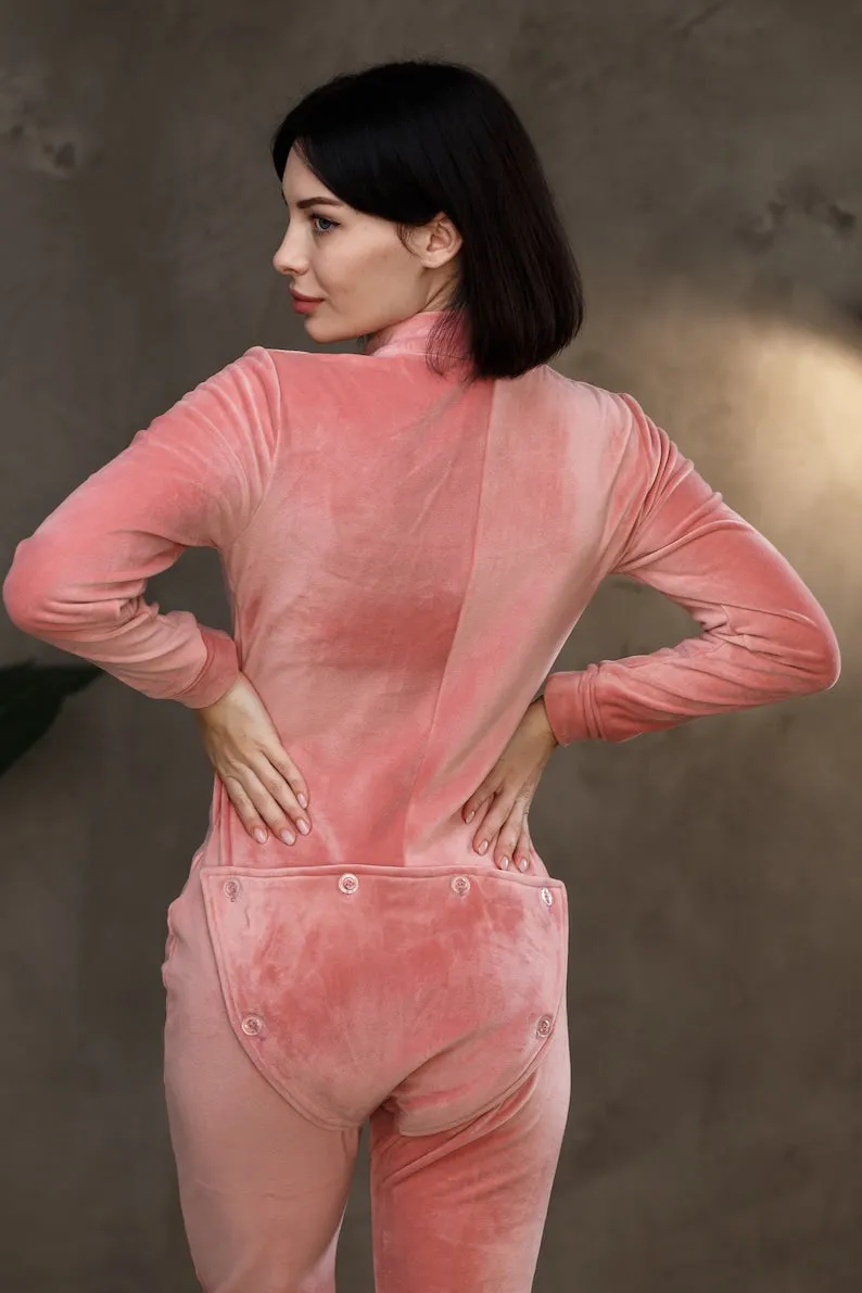 Women's warm velor butt flap pajamas Sweetjama Delight "Gray" "Pink"