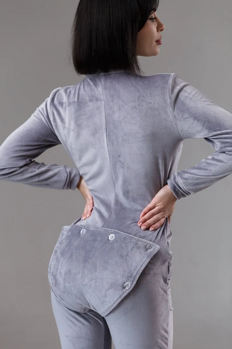 Women's warm velor butt flap pajamas Sweetjama Delight "Gray" "Pink"