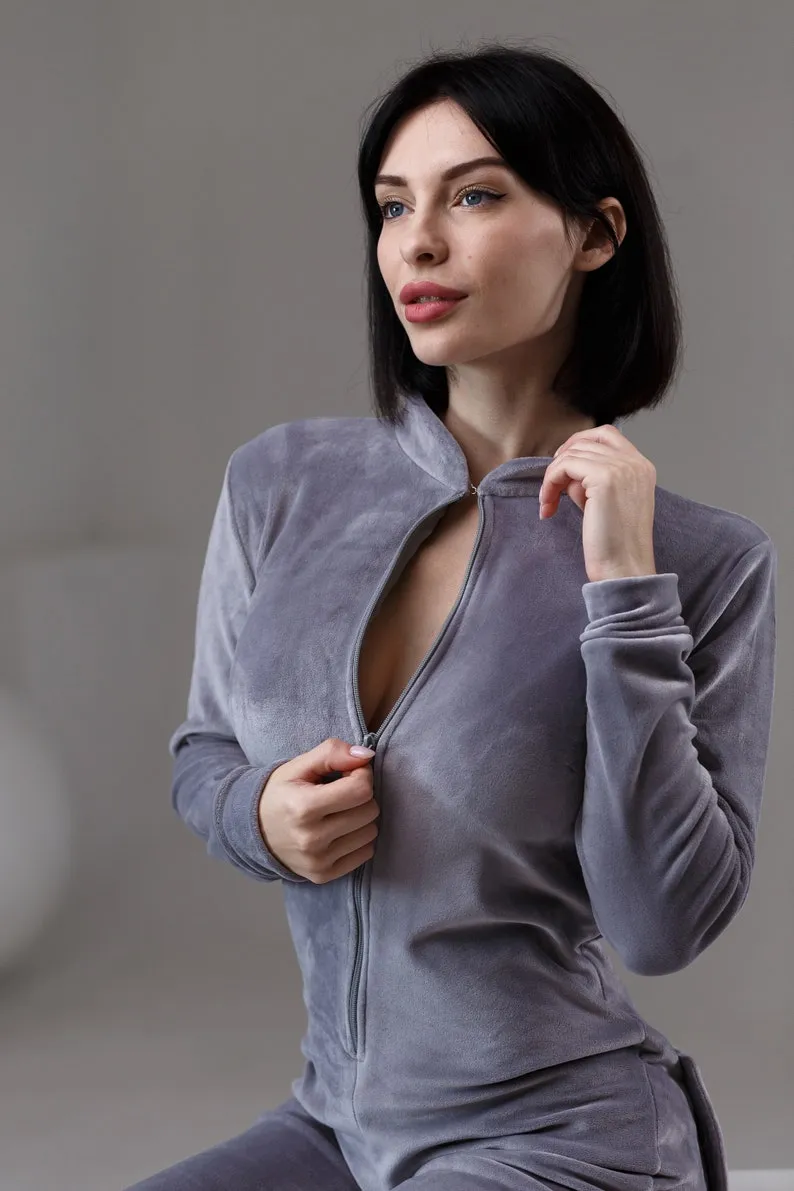 Women's warm velor butt flap pajamas Sweetjama Delight "Gray" "Pink"
