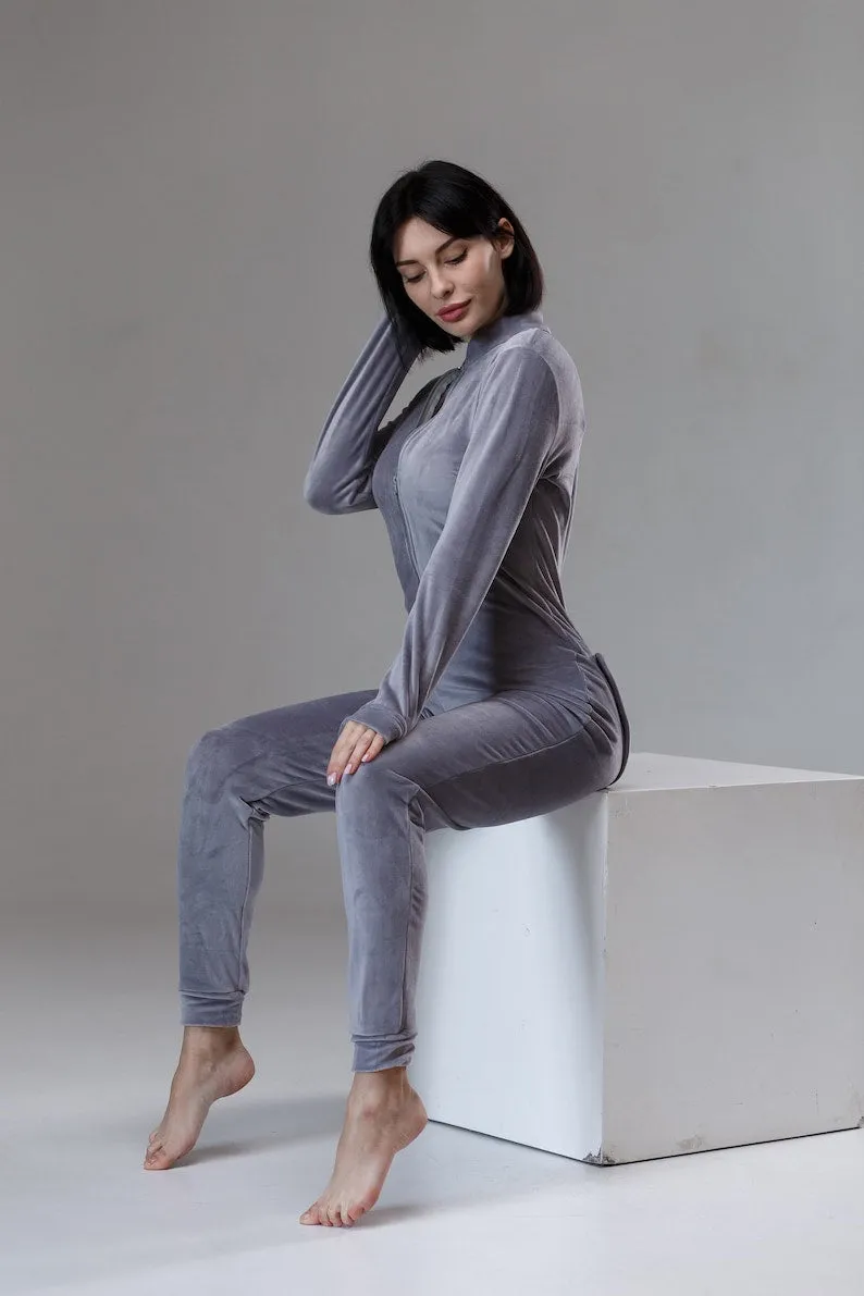 Women's warm velor butt flap pajamas Sweetjama Delight "Gray" "Pink"