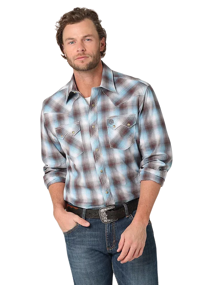 Wrangler Men's Brown & Blue Retro Sawtooth Long Sleeve Snap Shirt