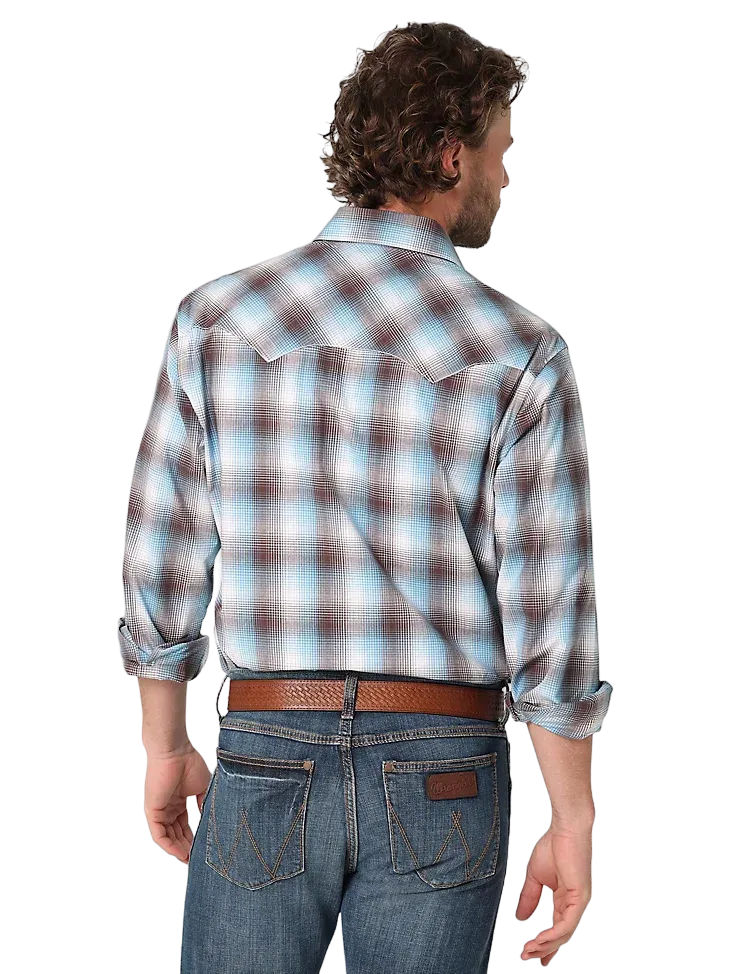 Wrangler Men's Brown & Blue Retro Sawtooth Long Sleeve Snap Shirt