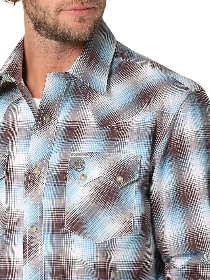 Wrangler Men's Brown & Blue Retro Sawtooth Long Sleeve Snap Shirt